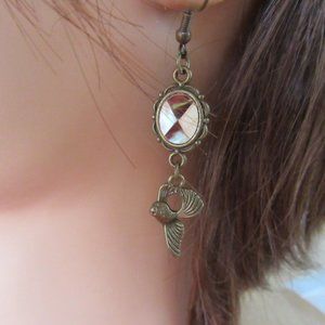 Mother of Pearl & abalone fish dangling pierced earrings - hand made